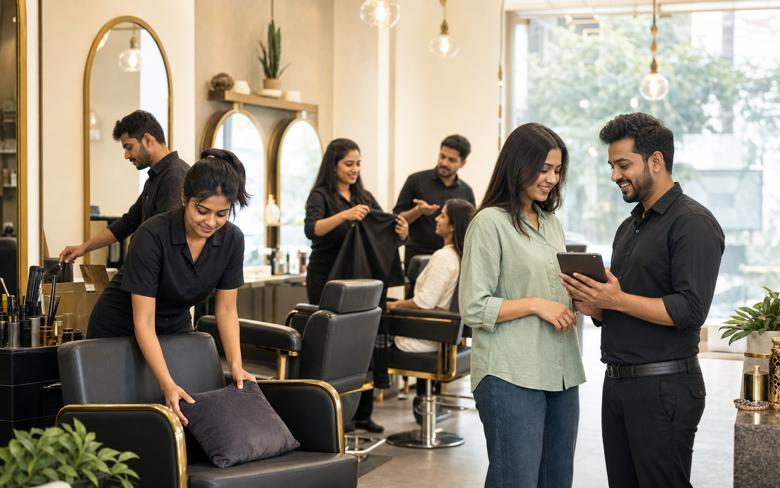 Indian salon team preparing a welcoming, modern service experience